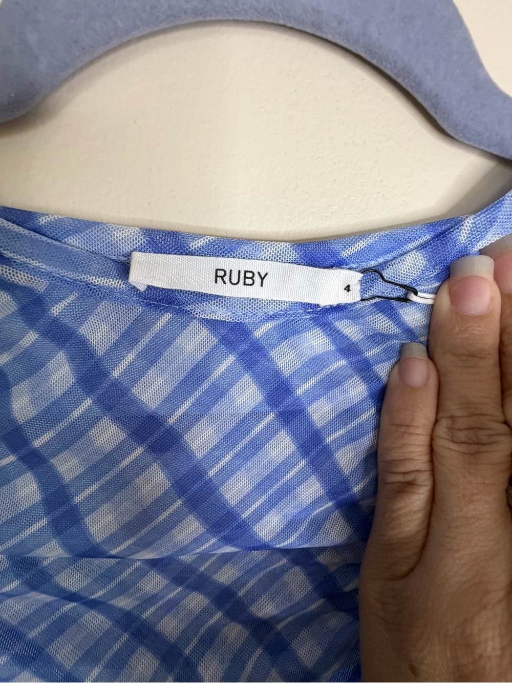 Ruby Rd. Blue Plaid Ruched Long Sleeve Top - Picture 4 of 4